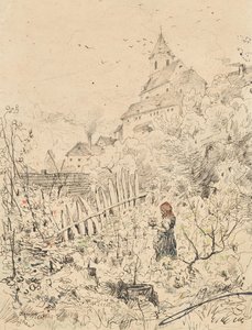 Farm Girl in Garden, Behind Church and Village by Anton Brioschi