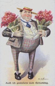 Birthday greetings card depicting a man carrying bunches of flowers by Anton Hoffmann