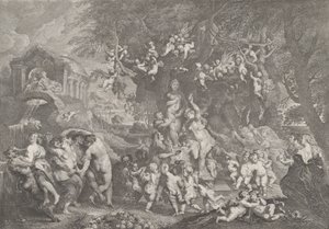 The Feast of Venus, with Groups of Satyrs, Nymphs, and Putti Dancing Around a Statue of Venus by Anton Joseph von Prenner