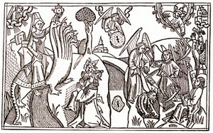 The great harlot of Babylon riding the seven-headed beast and the angels cutting wheat while holding the devil prisoner by Anton Koberger