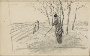Standing Man with a Stick and an Animal on a Plowed Field by Anton Mauve