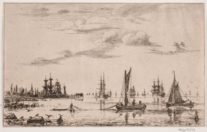 Ships and Boats in Calm Weather by the Coast by Anton Melbye