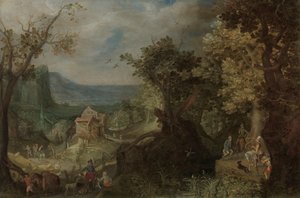 Hunter and Horsemen on a Wooded Road, with a Village in a Valley beyond