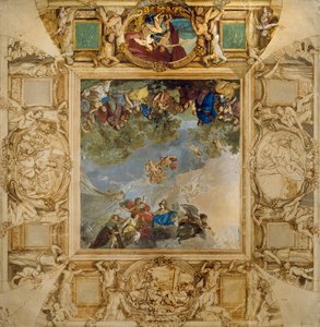 Apollo and Athena rewarding Talents and Minerva flanked by caryatids and medallions depicting Mars, Venus, Hercules and Cybele by Anton Raphael Mengs