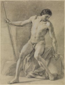 Seated Male Nude, Almost Frontal, Staff in Right Hand, Looking Down by Anton Raphael Mengs