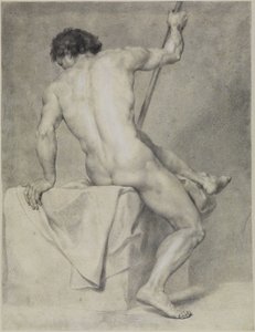 Seated Male Nude from Behind, Leaning Left, Holding a Staff with Right