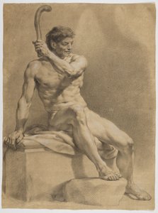 Seated Male Nude, Diagonally to the Right, Holding Up a Small Club with the Left Hand by Anton Raphael Mengs