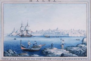 Malta: View of La Valletta from Fort Tigne, entrance of Marsamuscetto by Anton the Younger (circle) Schranz