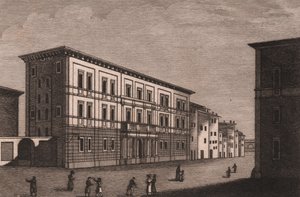 View of Episcopal Palace in Pistoia, Tuscany, Italy, copper engraving by Antonio Morghen