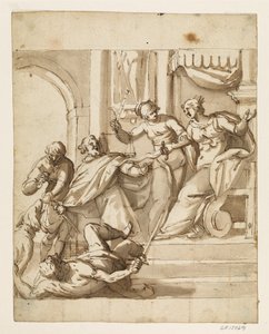 Allegorical composition with Justice restraining an enthroned queen from intervening with her sword in a fight between two men in front of the throne, while a third with a key is feeding a dog