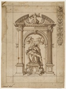 Design for a Processional Banner with a Pietà Under an Elaborate Altar Architecture in the Form of a Triumphal Arch and Part of the Border Design at Upper Right