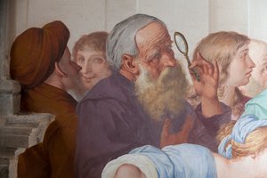Bystanders, fresco by Antonio Busca, 20th Chapel, Saint Francis canonized by Pope Gregory IX, Sacred Mountain of Orta, Orta San Giulio, Piedmont, Italy