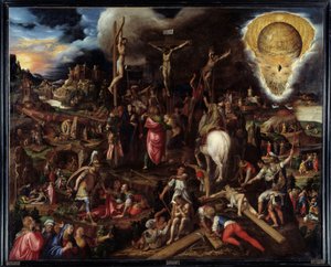 Scenes of Passion: Prayer in the Garden of Olive Trees, Betrayal of Judas, Arrest of Christ, Flouted Christ, Ascends to Calvary, Crucifixion, Resurrection. Painting by Antonio Campi by Antonio Campi