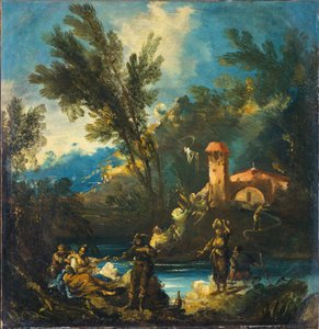 A Wooded River Landscape with Figures by Antonio Francesco Peruzzini