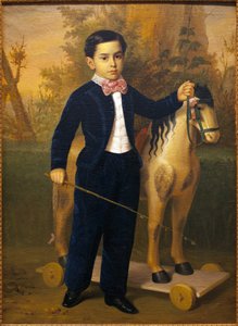 Portrait of a little boy with a wooden horse. Painting by Antonio Maria Esquivel, oil on canvas, 1851. Museum of Fine Arts in Seville, Spain by Antonio María Esquivel y Suárez de Urbina
