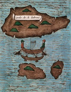 Islas de los Ladrones (today Mariana Islands), colored woodcut from Relazione del primo viaggio intorno al mondo con Ferdinando Magellano by Antonio Pigafetta