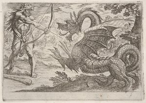 Hercules and the Serpent Ladon: Hercules draws his bow, the rearing serpent appears