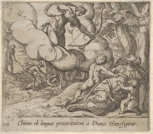 Plate 105: Diana Aiming Her Bow Toward Chione, Who is Accompanied by Two Children by Antonio Tempesta