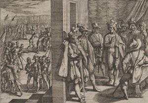 Plate 18: Secret Meeting of Civilis with Other Leaders from Trier, from The War of the Romans, 1611 by Antonio Tempesta