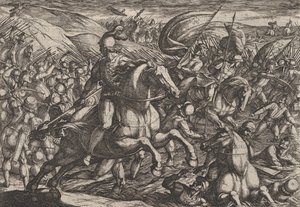 Plate 30: Cerialis Driving the Dutch into the Rhine, from The War of the Romans Against the..., 1611