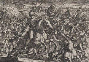 Plate 30: Cerialis Driving the Dutch into the Rhine, from The War of the Romans Against th..., 1611