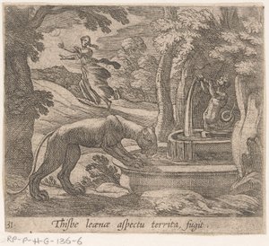 Thisbe Flees from the Lioness at the Spring (Metamorphoses of Ovid, series title) by Antonio Tempesta