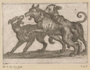 Two Dogs Fighting a Wolf by Antonio Tempesta