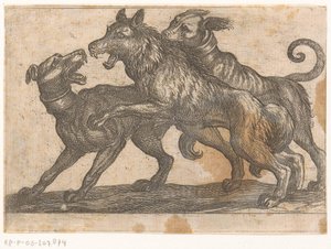 Two Dogs Fighting a Wolf (Fighting Animals) by Antonio Tempesta