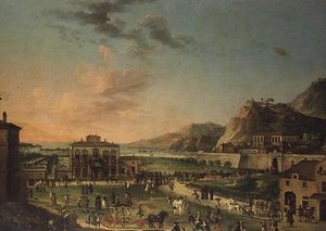 A Capriccio Panorama of the Journey of Charles III King of the Two Sicilies, from His Villa at Portici to the Palazzo Farnese in Rome by Antonio de dipi (attr. to) Joli