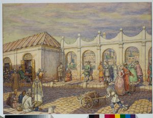 Street Scene on the Stone Bridge (All Saints Bridge) in Moscow During the Time of Peter the Great