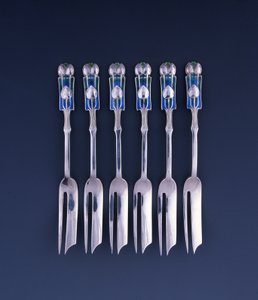 A Set of Six Liberty Silver and Enamel Pastry Forks by Archibald Knox