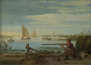 A Bird Hunter on a Riverbank