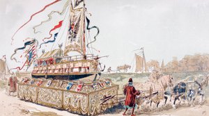 A Royal Barge Being Pulled on a Wagon by Horses to a Canal in the 16th Century by Armand Jean Heins
