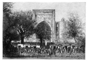 An assembly before the mosque in Bukhara, Uzbekistan