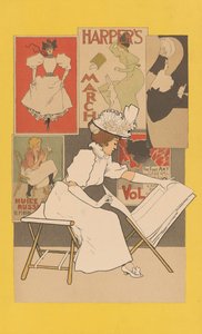 Seated Woman at a Stand Looking at Prints