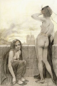 Two partially-clad women by a wall in a city