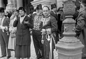 The Italian physicist Enrico Fermi in ceremonial dress at an event of the Royal Academy of Italy