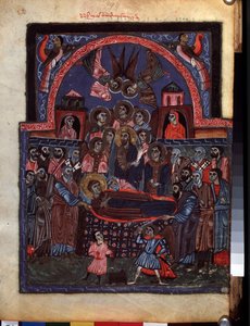 The Dormition of the Virgin. Illumination by the Master of the Codex Matenadaran (13th century), miniature, watercolor on parchment. by Armenian School