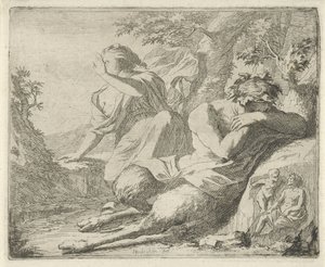 Satyr and Female Figure Covering Their Eyes Against Sunlight (series title: Scene of Emblems Opened for the Service of Painters, Sculptors, etc.) by Arnold Houbraken