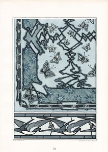 Art Nouveau Decorative Pattern with Swallows and Butterflies by Arnold Lyongrün