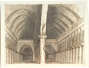 Interior of the Lower Floor of a Church (?) with Columns and Vaults by Aron Wallick