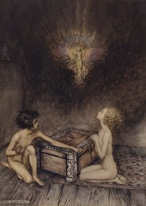 Pandora and Epimetheus, scene from A Wonder Book, by Nathaniel Hawthorne