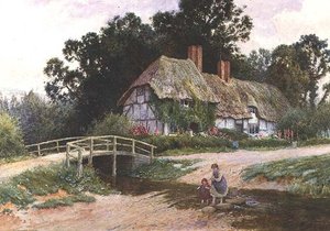 Sisters paddling across a stream by Arthur Claude Strachan