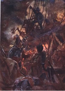 Fiercely the battle raged and long, illustration from Romance of History: The Netherlands, 1920s by Arthur David McCormick