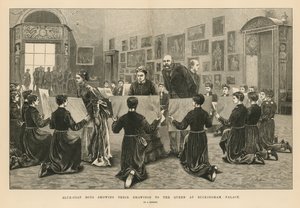 Blue Coat Boys showing their drawings to the Queen at Buckingham Palace by Arthur Hopkins
