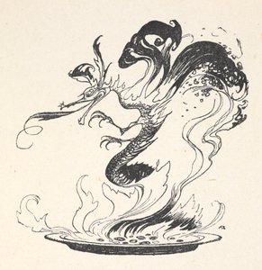 A dragon emerging from a plate of burning money by Arthur Rackham
