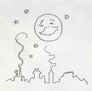 A smiling moon over rooftops