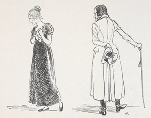 A young couple arguing, the woman having turned away clutching a handkerchief to her chest by Arthur Rackham