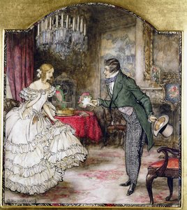 A young man presenting a bouquet to a girl standing in a drawing room by Arthur Rackham