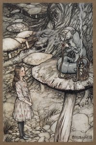 Alice talking to the Caterpillar who is sitting on a mushroom smoking a pipe